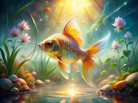 Lenormand Fish Card:  Shiny Gold & Silver Fish in Crystal Clear Pool, Dreamy Fog, Fertility Symbol