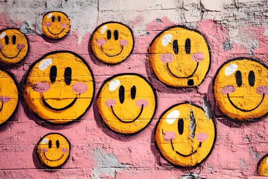 Bright graffiti art featuring happy yellow smiley faces with blushing cheeks on a textured pink wall, evoking retro pop vibes with playful and colorful design. - Powered by Adobe