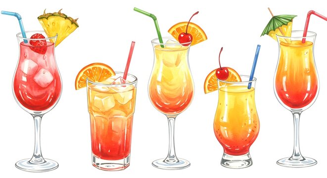 Illustration: Five Watercolor Tropical Cocktails, Drinks, Summer