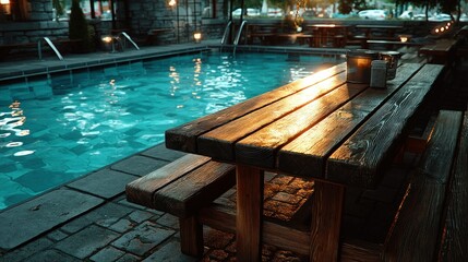 Poolside picnic table illuminated at dusk, with rippling water reflections