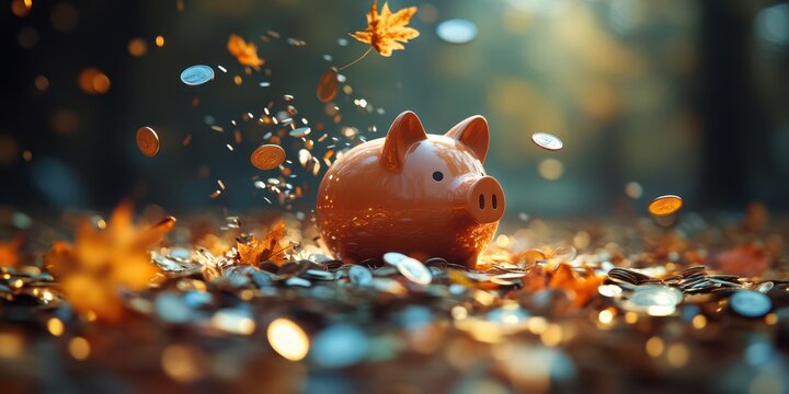 Autumn leaves fall around a piggy bank surrounded by scattered coins in a serene outdoor setting