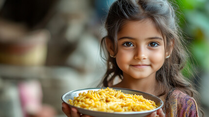 Adorable girl holding plate of delicious golden yellow food kid meal cute child.