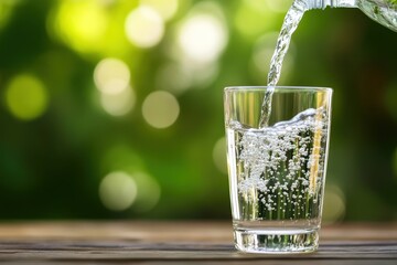 Water is poured into a glass on a wooden surface with green background.