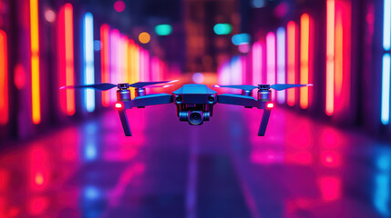 Drone Flying Through Neon City at Night