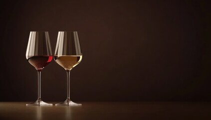 Two wine glasses one red one white on a table against dark background.