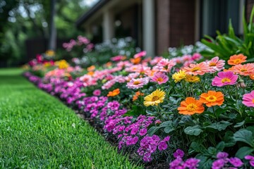 Obraz premium Vibrant flowerbeds line a home's edge