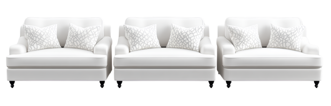  3 white sofas isolated on a transparent background PNG