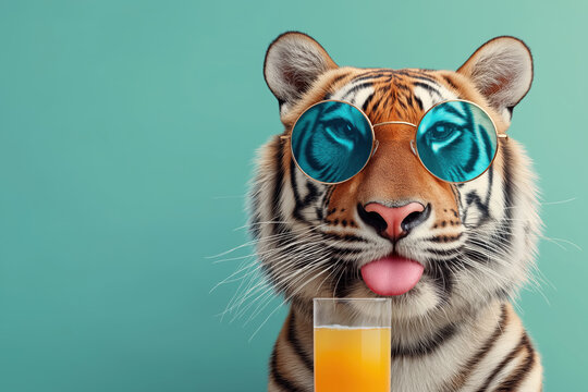Tiger tr&auml;gt eine Sonnenbrille und h&auml;lt ein Glas Bier, wedelt mit der Zunge