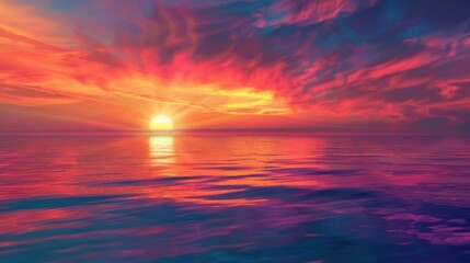 Fototapeta premium A bright yellow sun is shining through the clouds on a beautiful ocean water reflection