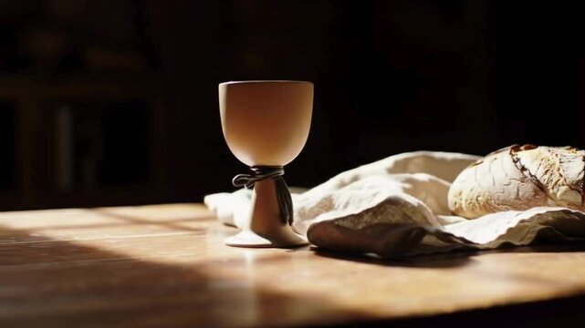 Wine Chalice and Bread on Rustic Table &ndash; Symbolic Scene of the Lord&rsquo;s Supper Without Religious Icons