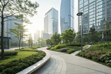 Serene urban oasis: a tranquil city park nestled amongst modern skyscrapers bathed in soft morning sunlight.