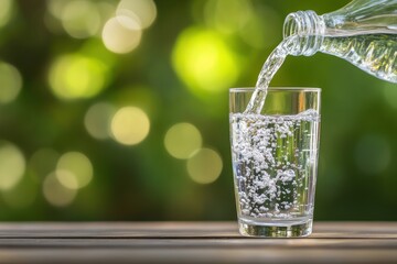 Water is poured from a plastic bottle into a glass outdoors.