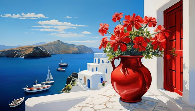 a red vase of flowers on the white stof a greek house in the background a white and bluish bay ai generative