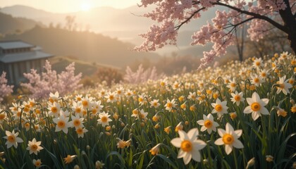 Fototapeta premium A vibrant field of wildflowers in full bloom, showcasing a stunning array of colors including bright yellows, deep purples, and soft pinks, gently swaying in the warm breeze under a clear blue sky.
