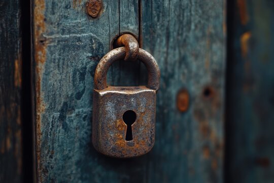 Old rusted padlock securing a weathered wooden door in the afternoon light