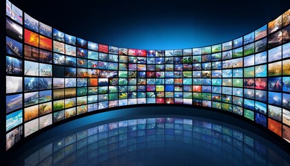a curved wall of digital screens displaying various television shows and movies representing the vast variety of content