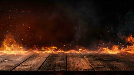 Rustic wooden table plank with fire flame burning on background. Generated AI image