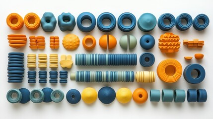 Colorful assortment of rubber shapes arranged neatly on a white background