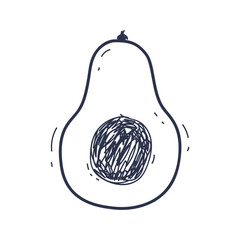 Simple line drawing of an avocado half with seed, symbolizing health and simplicity.