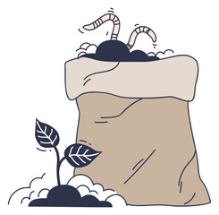 A bag of fertilizer with worms and a sprouting plant symbolizes growth and soil enrichment.