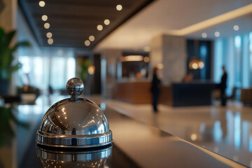 Reception desk with service bell in luxury hotel lobby with modern interior and blurred background, generative ai