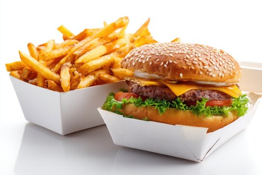 Hamburger and French fries. delicious burger and fries takeout meal, isolated on white background, perfect for fast food and takeout concepts