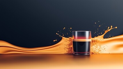 A dynamic splash of orange liquid around a glass filled with dark beverage on a sleek background