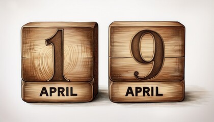 Illustration of wooden blocks with date 19 April. Day and month, simple calendar