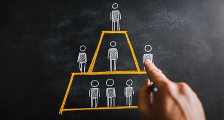 Chalkboard pyramid depicts hierarchical structure, finger points to mid-level employee