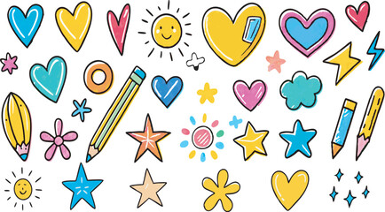 Line kid pencil color brush hand drawn chalk vector element set. 