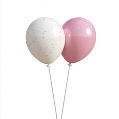 Two pastel balloons, one white with pink polka dots, the other a soft pink, sit side by side, tied with a thin string against a plain white background