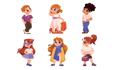 Children Dress Up as Adults Wearing Oversized Clothes Vector Set