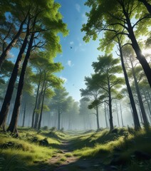 Obraz premium Silhouetted trees against blue sky with green forest floor and wildlife silhouettes, silhouette, animals