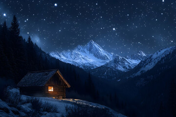 Fototapeta premium Alpine cabin nestled in a snow-dusted mountain valley under a star-studded night sky.