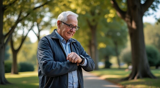 An elderly man adjusts his smartwatch while walking, showcasing the intersection of technology and lifestyle in modern daily life.