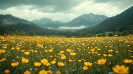 Field of yellow flowers with mountains in the background under a cloudy sky.