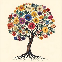 Human Brain Tree with Flowers Symbolizing Mental Health and Positive Thinking