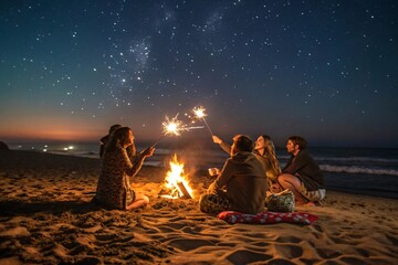 Beach Bonfire Party with Friends
