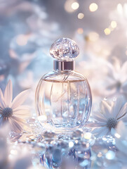 A perfume bottle on white background with flowers