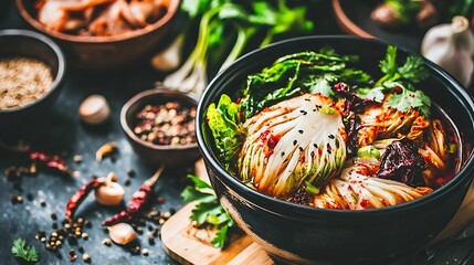 Freshly Prepared Kimchi with Colorful Vegetables and Spices
