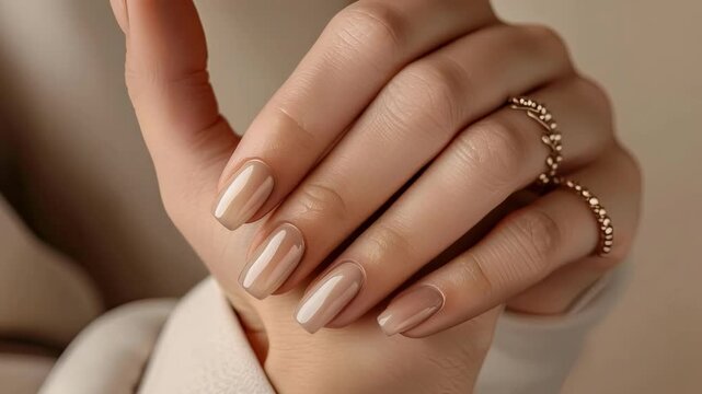 Female hands with beige nail design. Brown manicure with varnish