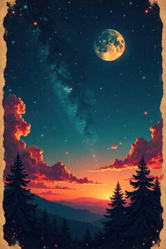 Vynyl vinyl retro sky with old paper texture, colorful stars and moon, beautiful night atmosphere, retro, sky