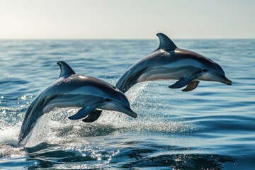 Fototapeta premium Two dolphins gracefully leap above the shimmering ocean waves, showcasing their agility and playful spirit in bright, sunny weather