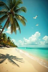 Obraz premium Vintage toned photo of sandy beach with palm trees and seagulls flying overhead, distressed film, beach, seagull