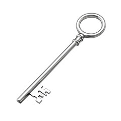Polished silver skeleton key with circular bow and classic notched blade design standing upright isolated on a clean transparent background with no shadow or additional objects