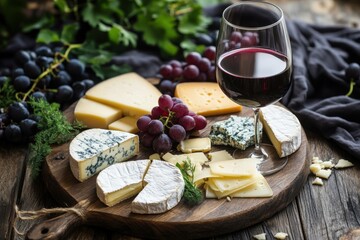 Cheese and wine pairing on rustic wooden table showcasing grapes and assorted cheeses