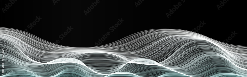 Poster Smooth Wave Dune Lines, Flowing Curves Creating Futuristic Motion Effect. Perfect for Tech, Music, and Design Themes. Vector Illustration