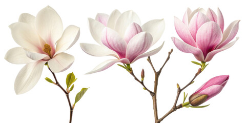 Magnolia flowers bloom beautifully with delicate petals showcasing shades of white and pink, creating serene and elegant atmosphere
