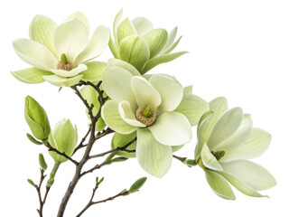 Obraz premium Magnolia flowers bloom gracefully, showcasing their delicate petals and vibrant green leaves, creating serene and beautiful scene