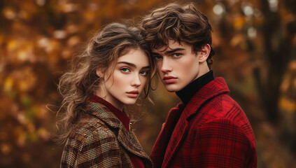 Fototapeta premium Young couple in autumnal outdoor setting, romantic pair in plaid jackets